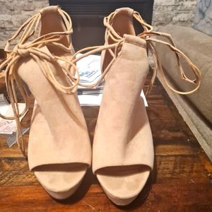 Suede Stilettos, Excellent Condition, Light Camel, Lace up the Leg.